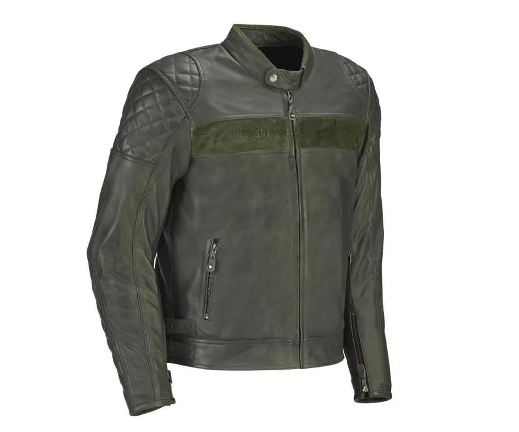 BLOUSON KAWASAKI HOMME EN CUIR VERT OLIVE "LONDON"