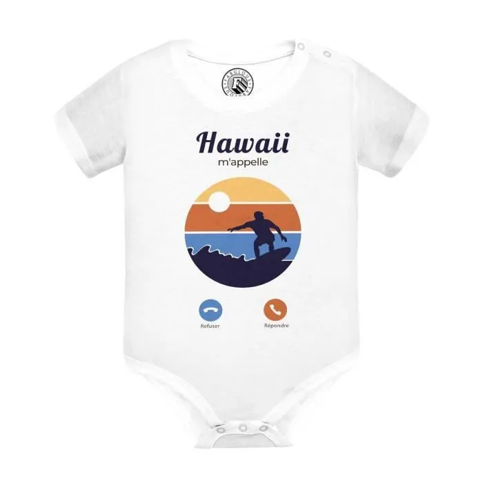 Body Bébé Manche Courte Blanc Hawaii M'Appelle Surf Soleil Plage Voyage
