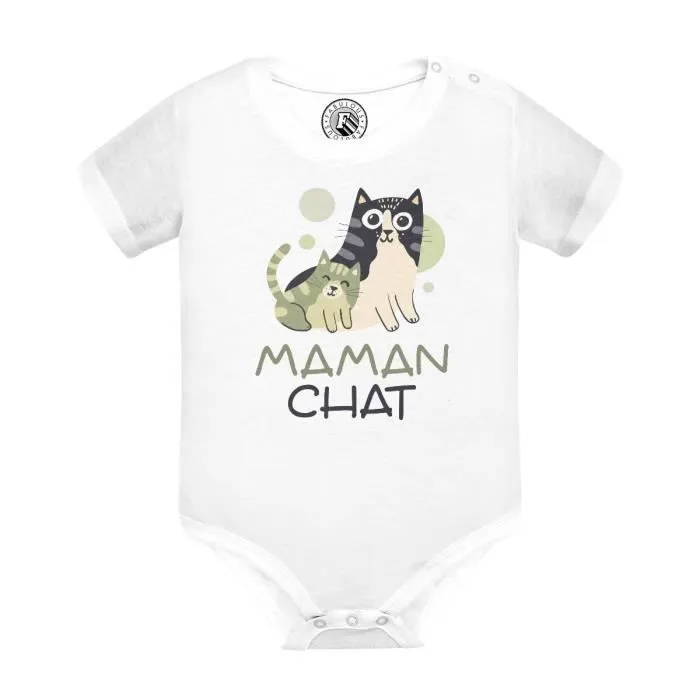 Body Bébé Manche Courte Blanc Maman Chat et son Chaton Dessin Illustration Bebe