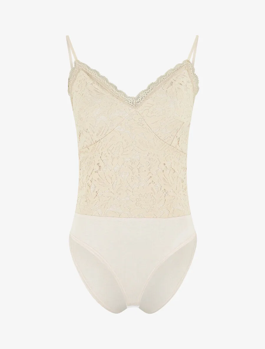 Body en dentelle à fines bretelles - Beige