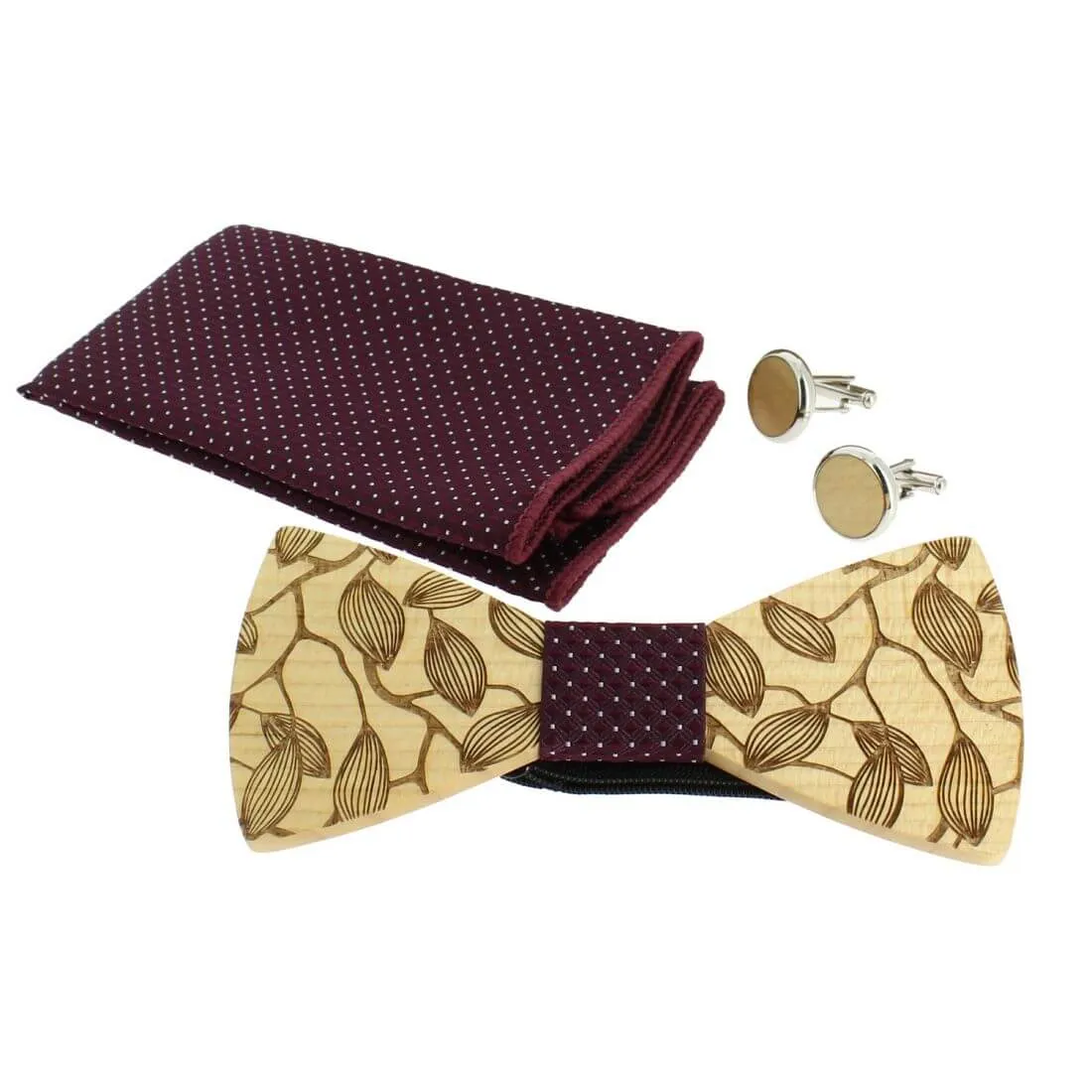 Coffret Feuilles gravées Bordeaux à points, Noeud papillon en bois, pochette et boutons de manchette