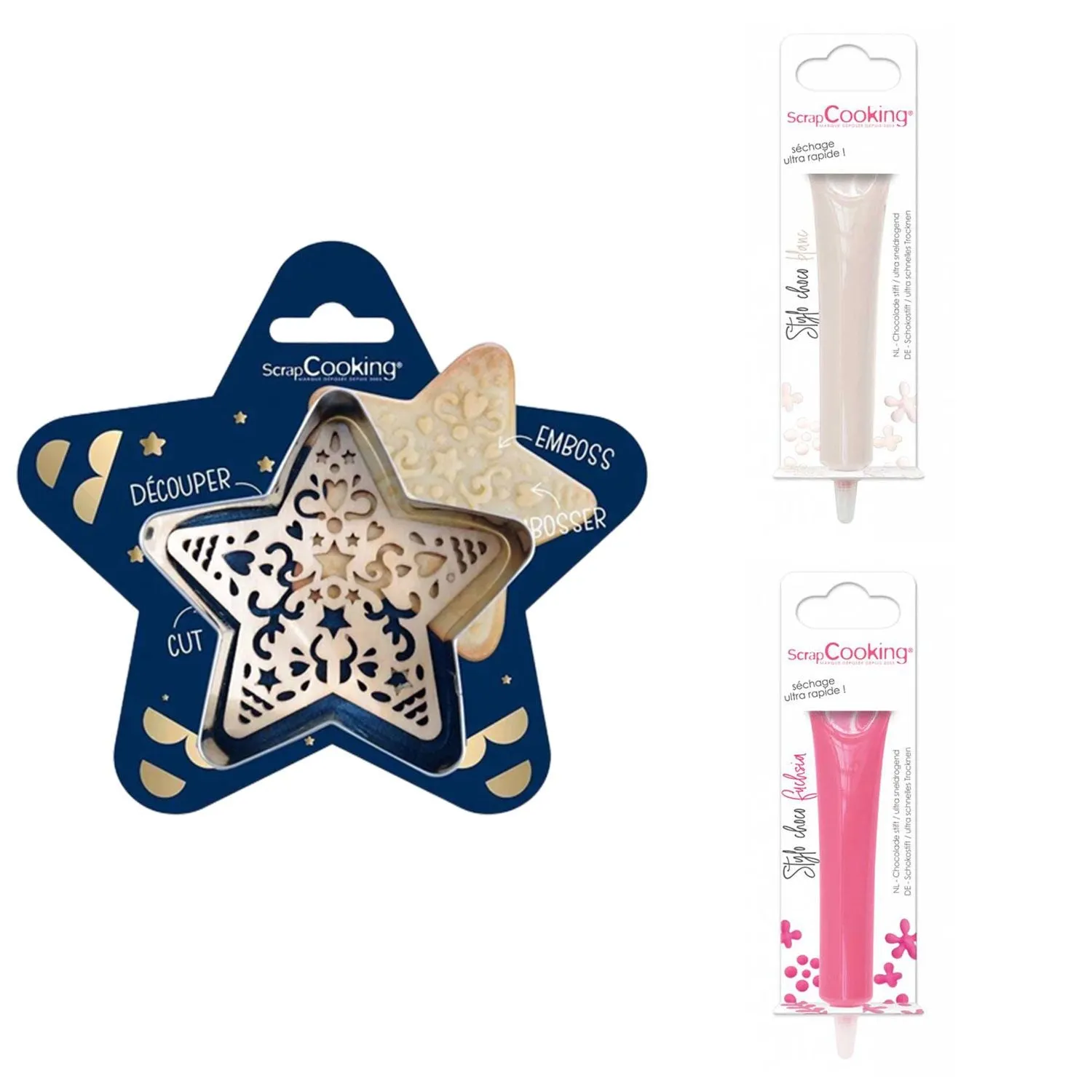 Kit pour biscuit en relief Étoile + 2 Stylos au chocolat blanc et fuch 