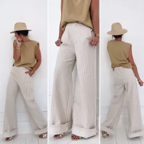 Pantalon large rayures écrues et beiges
