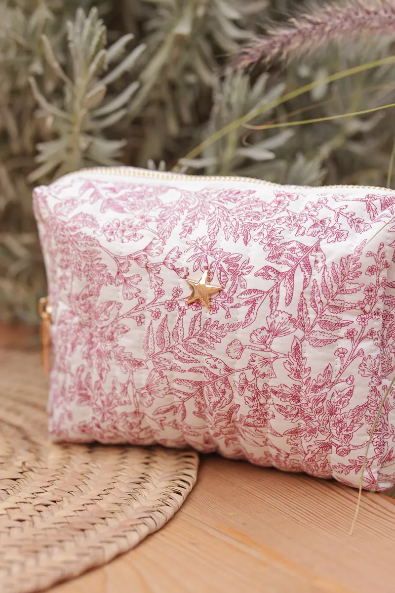 Pochette en gaze de coton matelassé imprimé toile de jouy fuchsia