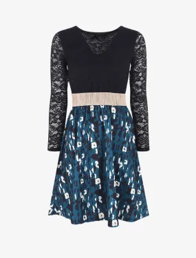 Robe à imprimé fantaisie et dentelle - Bleu canard