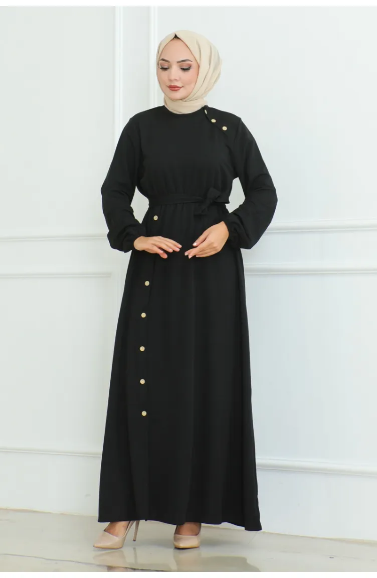 Robe Boutonnée Détail Epaule 2090-01 Noir 2090-01