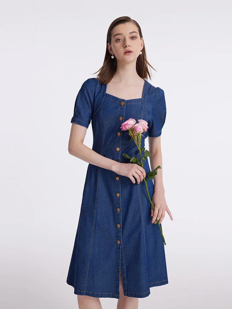 Robe midi en denim à manches bouffantes et simple boutonnage pour femm