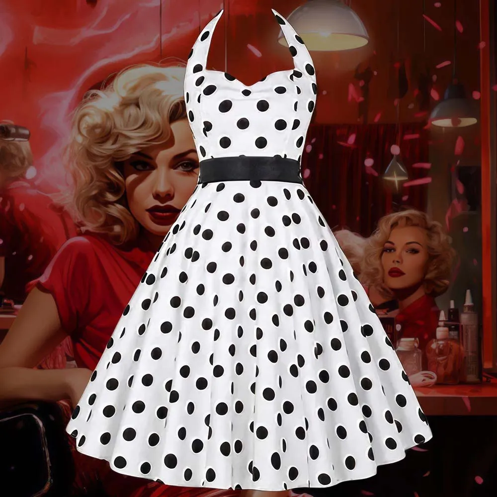 Robe Pin-Up  Blanche à Pois Noirs  à Col Licou