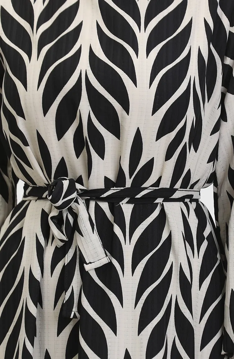 Robe Viscose A Motifs Feuilles Et Ceinturée 0452-02 Noir Creme 0452-02