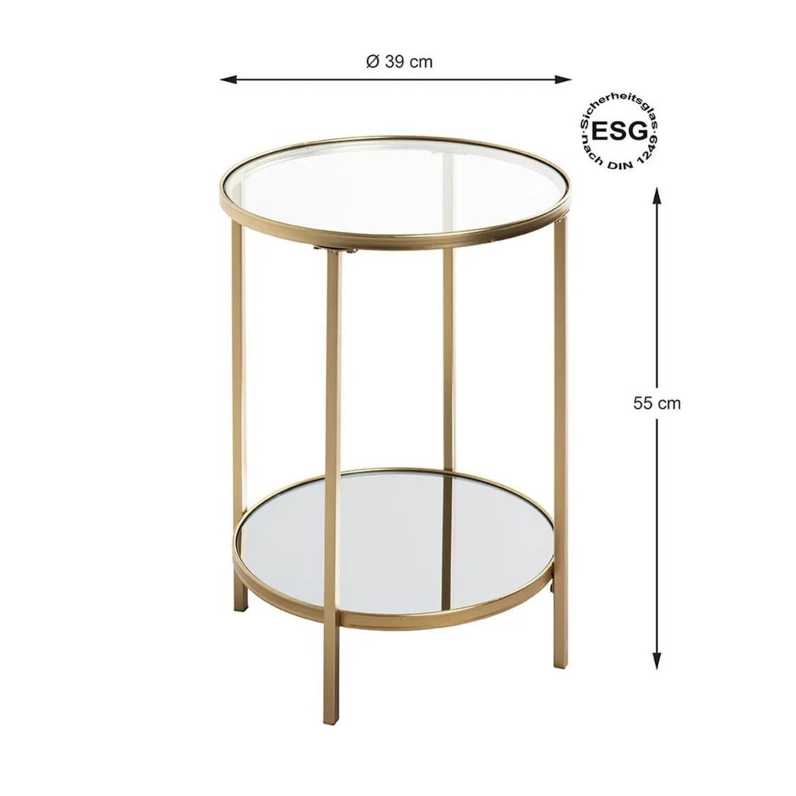 Table d'appoint ronde acier laqué d’or et plateaux miroir et verre trempé | 3 Suisses